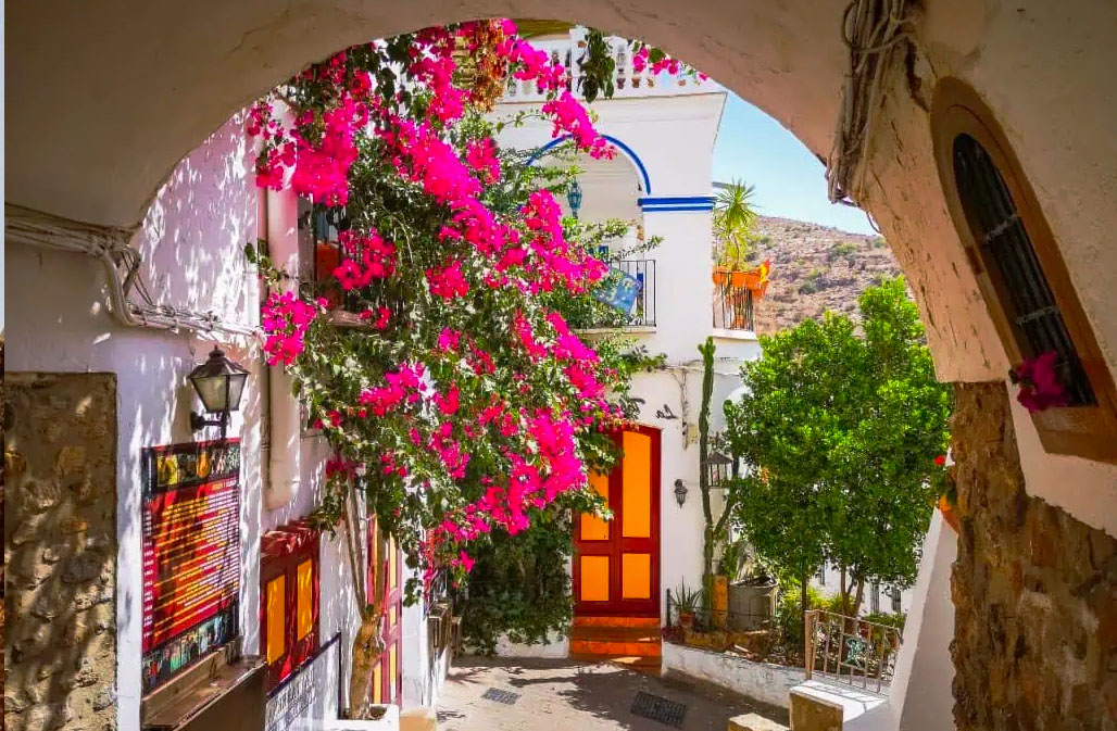 The image beautifully captures the essence of Mojacar Pueblo, a charming hilltop village in Spain. The narrow cobbled streets adorned with vividly colored bougainvillea, white-washed buildings with Andalusian architecture, and intricate details like the arched passageway and rustic elements evoke the traditional charm and tranquility of this idyllic village.