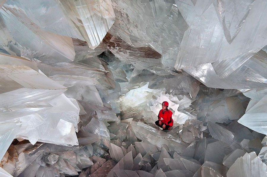 A picture of a person inside the Pulpí Geode in Almeria