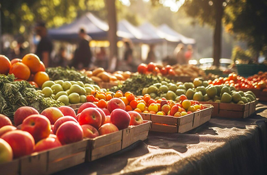 A sunlit farmers market in Almería with an array of fresh fruits displayed in wooden crates. Foreground has red and pink apples, while the background showcases oranges, greens, and tomatoes. Blurred figures of shoppers can be seen in the backdrop.
